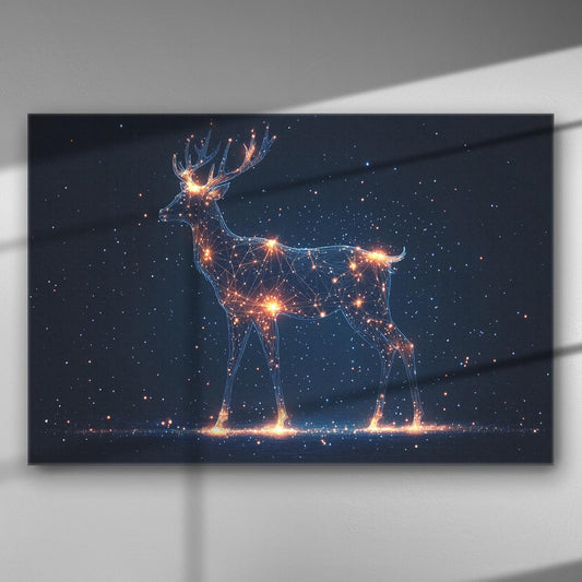 A digital artwork featuring a celestial deer made of stars and light points on a dark background, creating an ethereal and magical atmosphere.