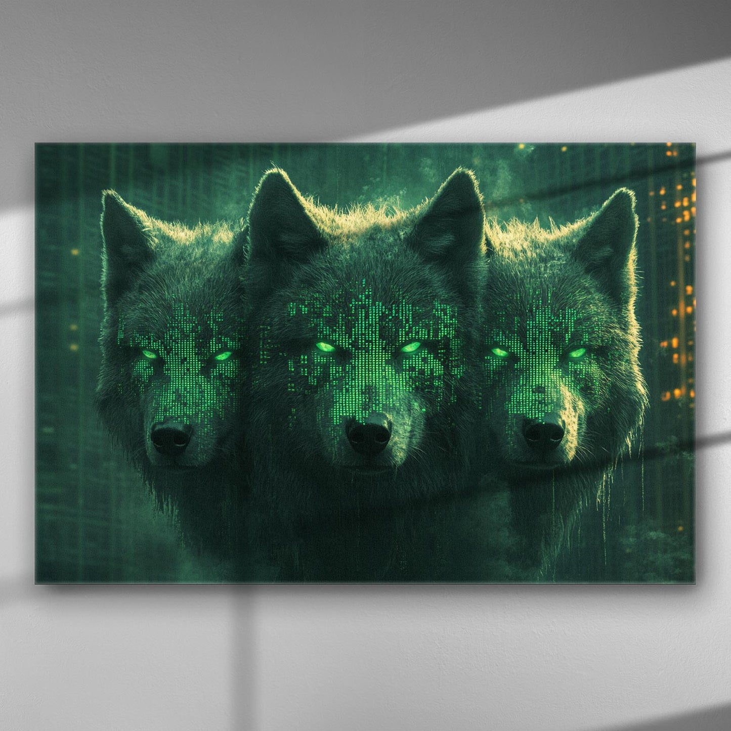 Canvas print featuring three wolves with digital code on their faces in a tech-inspired style.