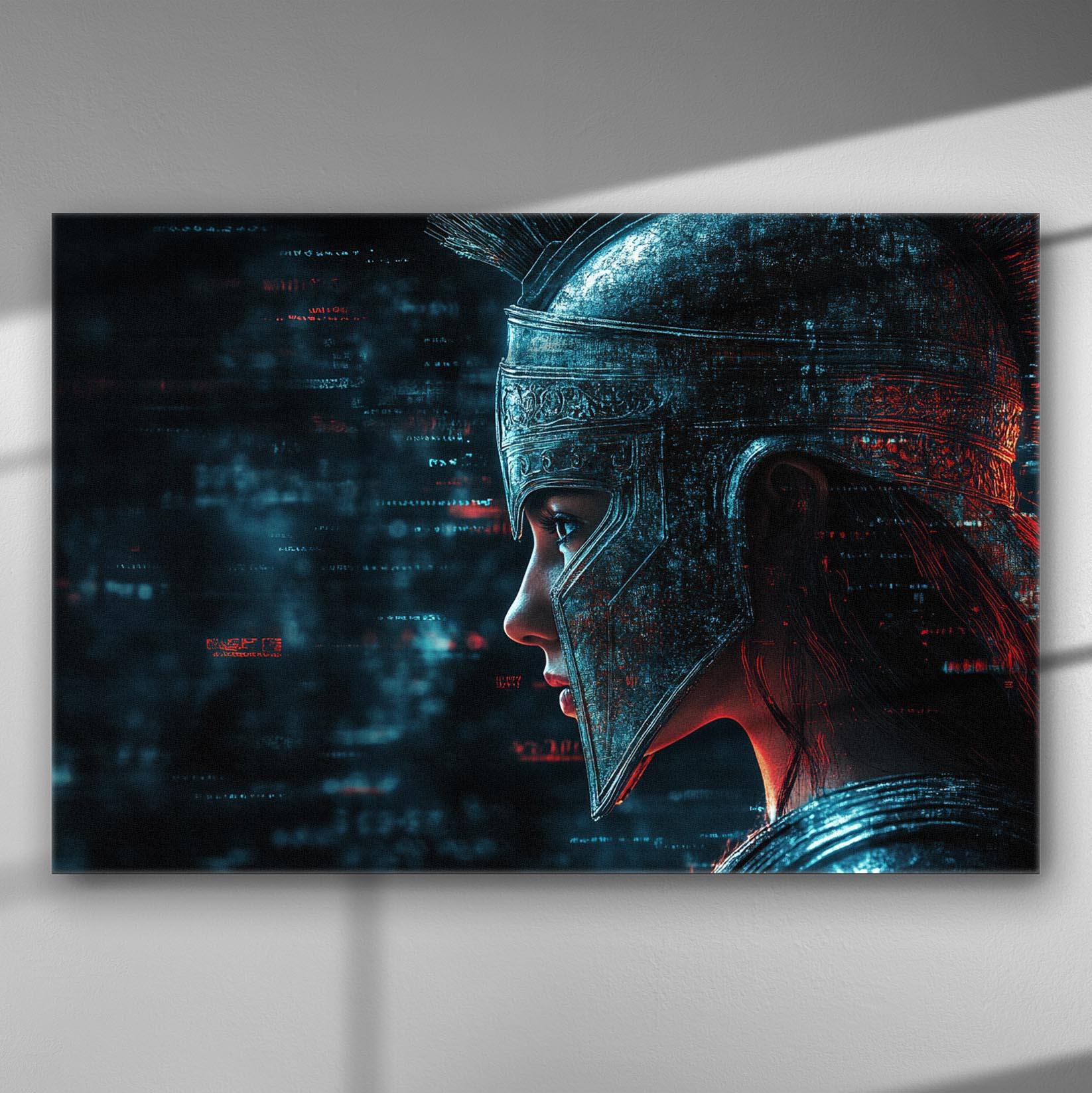 A futuristic warrior woman with a helmet set against a digital background.