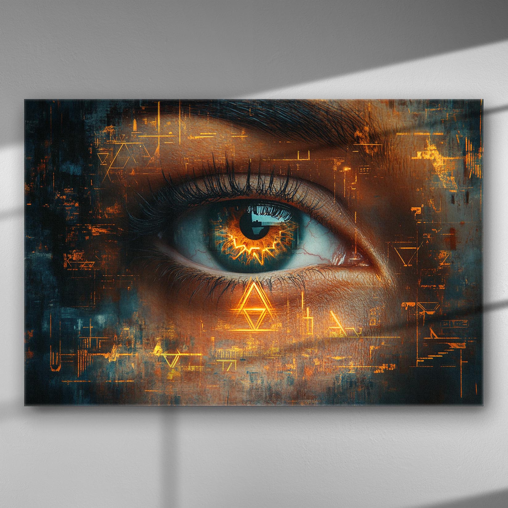 Digital eye with geometric patterns on a canvas print, featuring a blend of vibrant colors and futuristic design.
