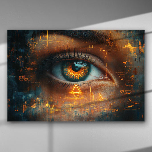 Digital eye with geometric patterns on a canvas print, featuring a blend of vibrant colors and futuristic design.