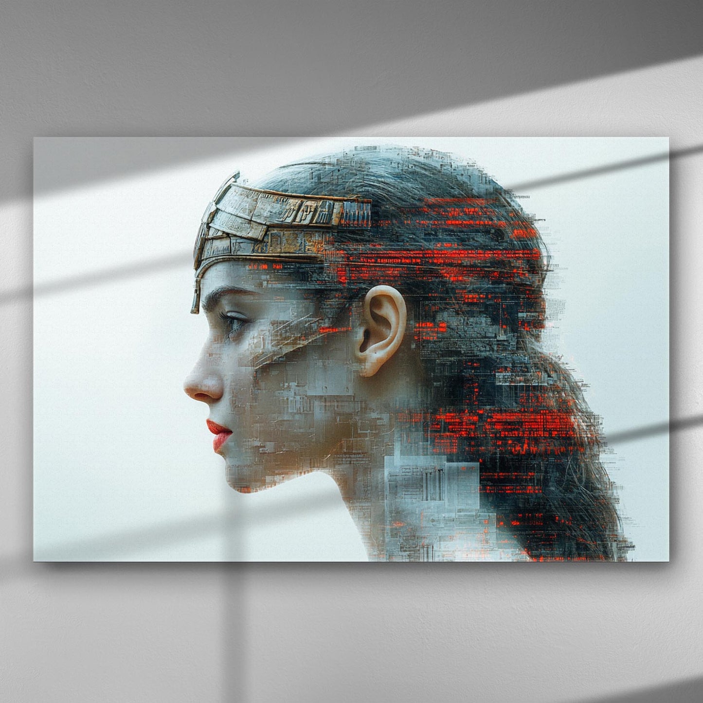 Profile of a modern warrior with digital effects on canvas, combining red and grey tones.