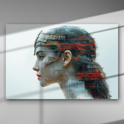 Profile of a modern warrior with digital effects on canvas, combining red and grey tones.