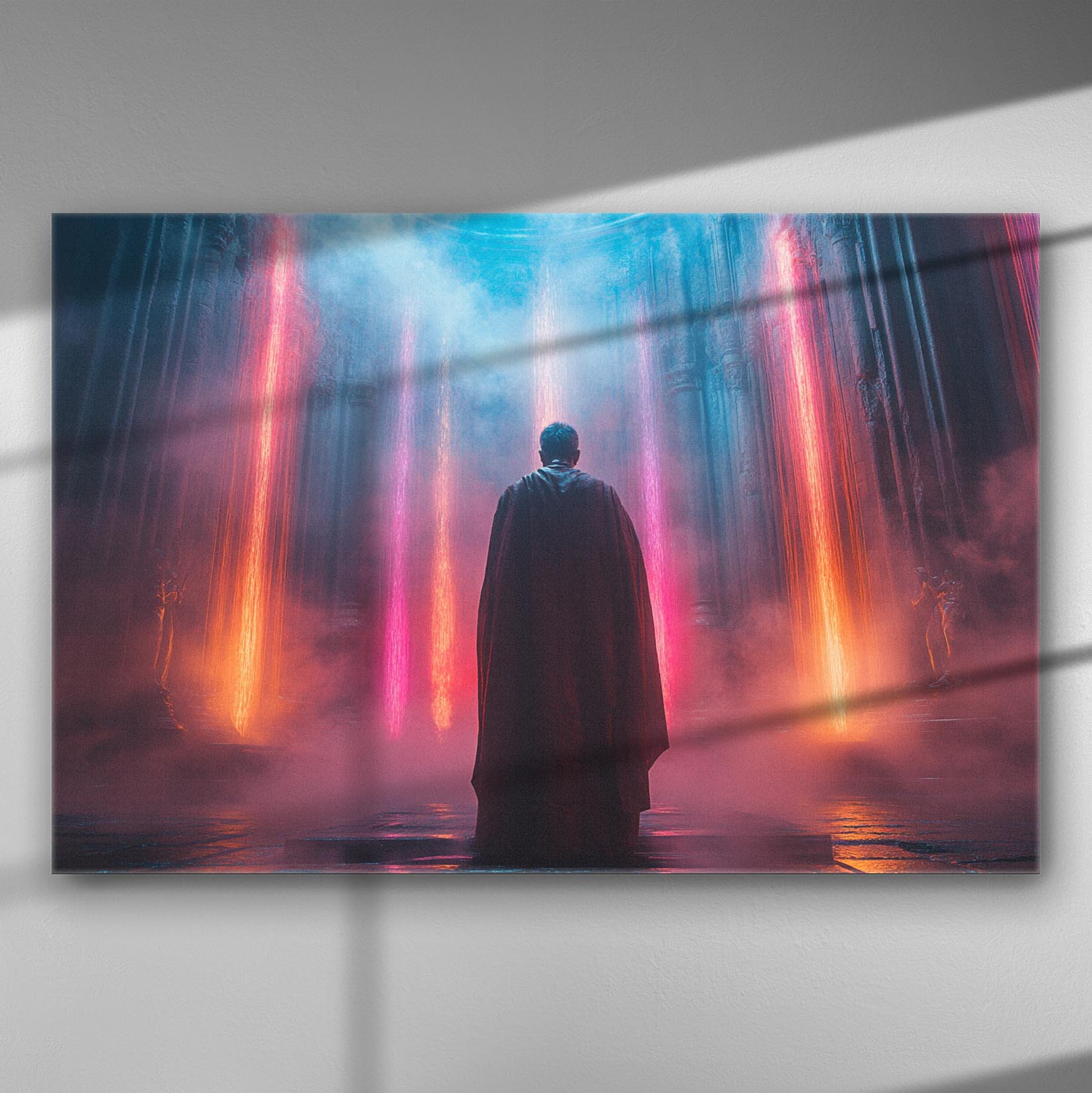 Man in cape facing colorful light beams in a mystical setting.