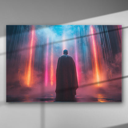 Man in cape facing colorful light beams in a mystical setting.
