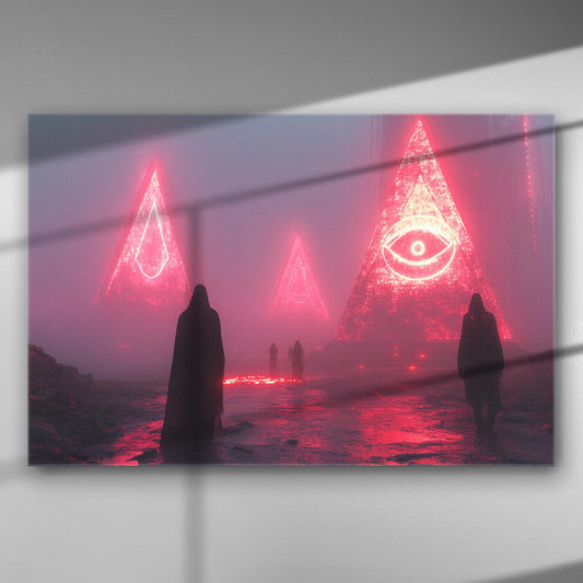 A misty scene with illuminated red pyramids and cloaked figures.