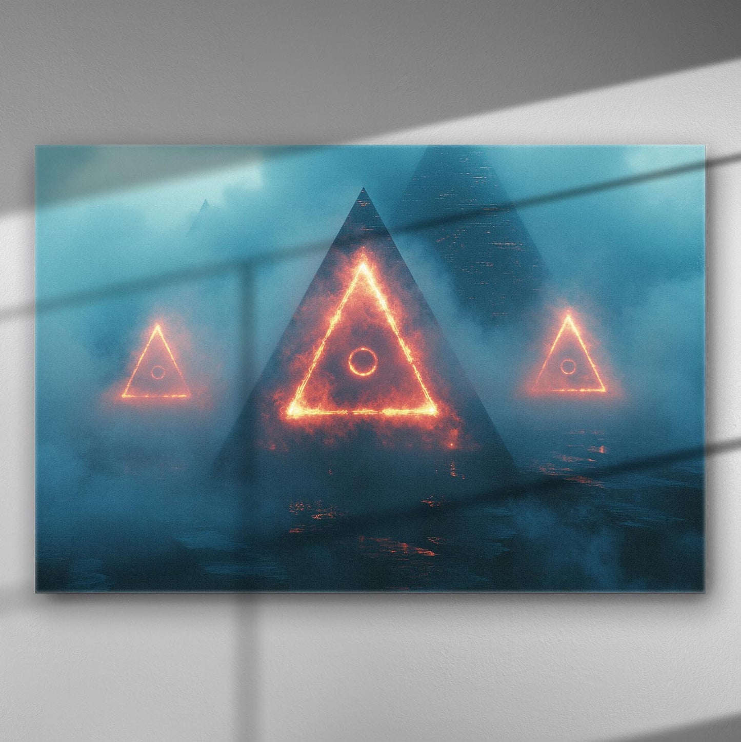 Canvas print depicting pyramids with glowing triangular lights in a misty blue background.