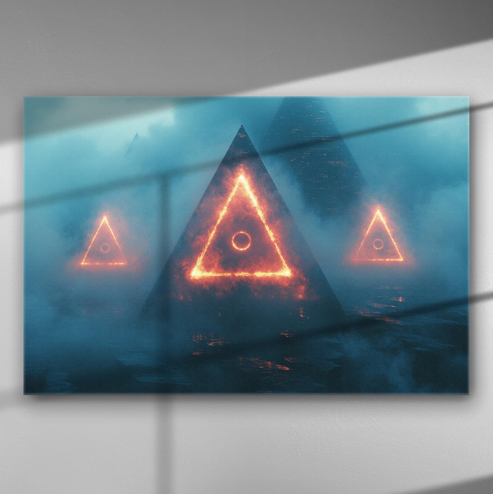 Canvas print depicting pyramids with glowing triangular lights in a misty blue background.