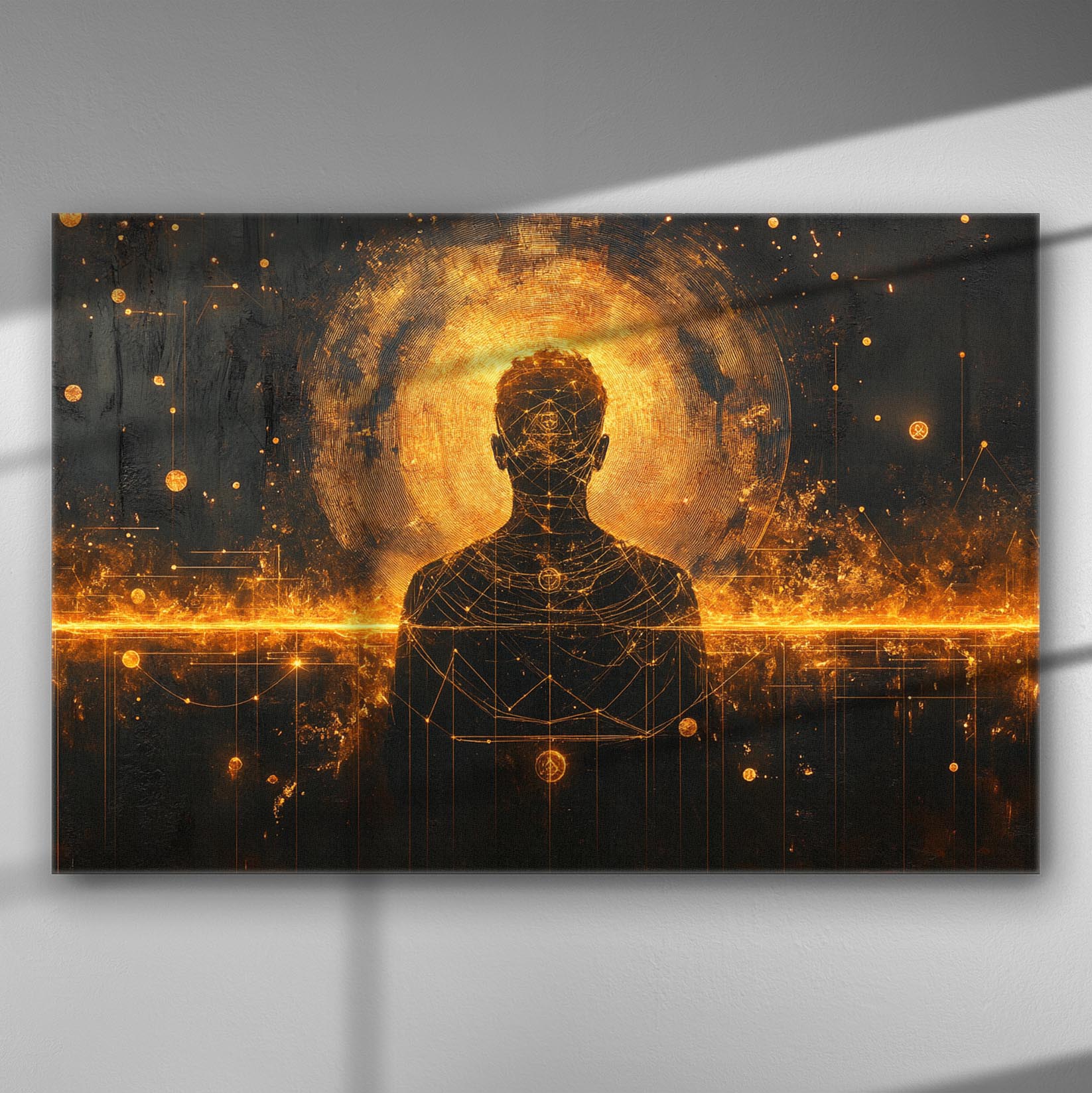 A silhouette of a person with a celestial aura in golden tones on a canvas print.