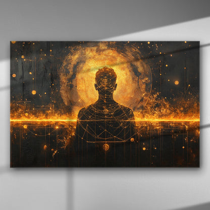 A silhouette of a person with a celestial aura in golden tones on a canvas print.