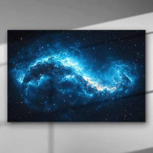 Canvas print of space nebula with vibrant blue and golden hues.