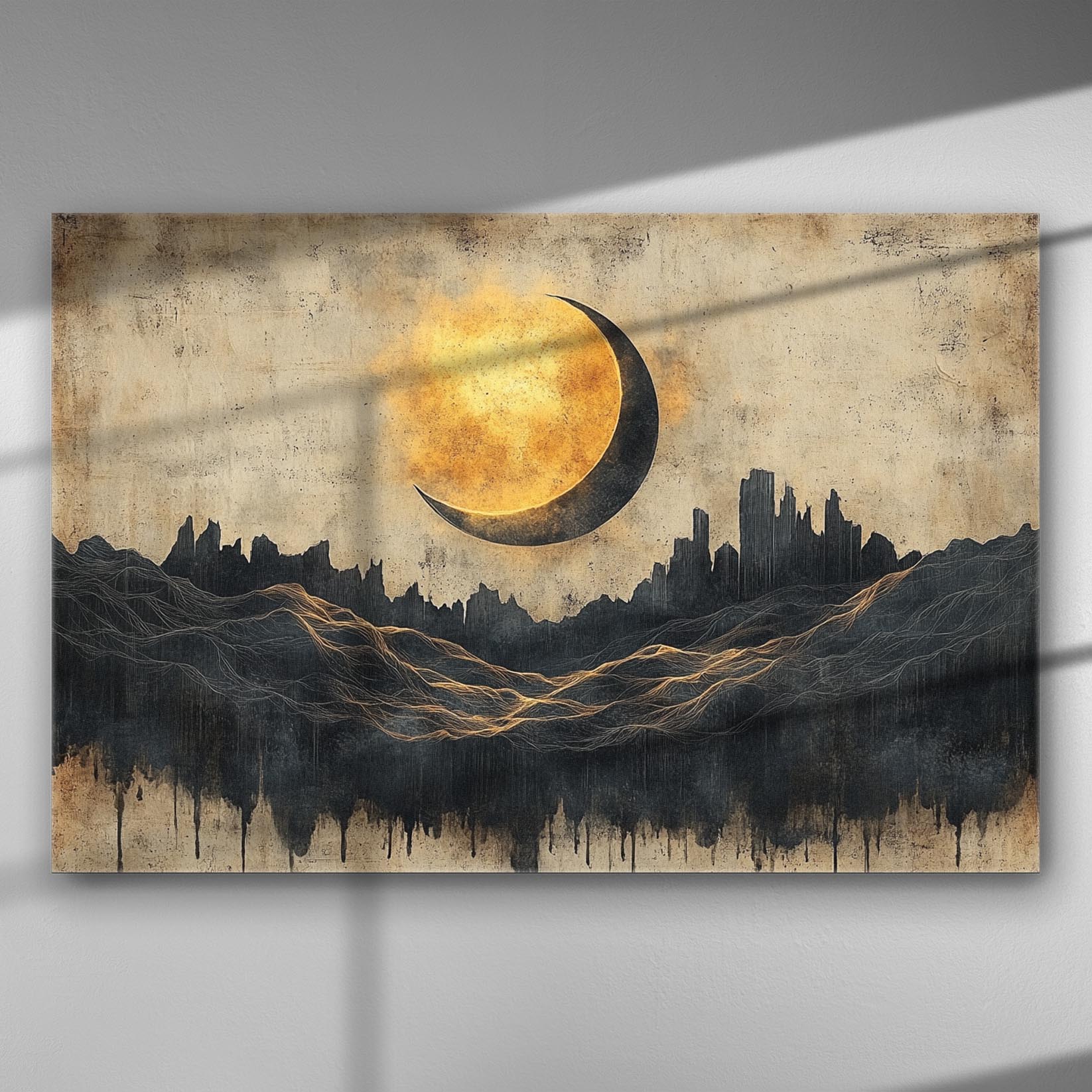 Moonlit night canvas with crescent moon and mountains for a mysterious atmosphere