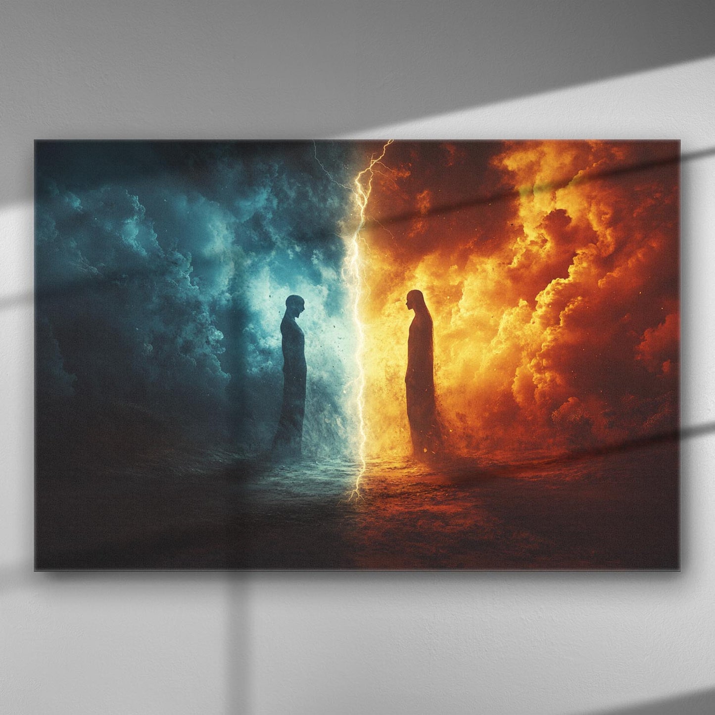 Two opposing figures separated by a lightning bolt, symbolizing elements in contrast on a canvas print.