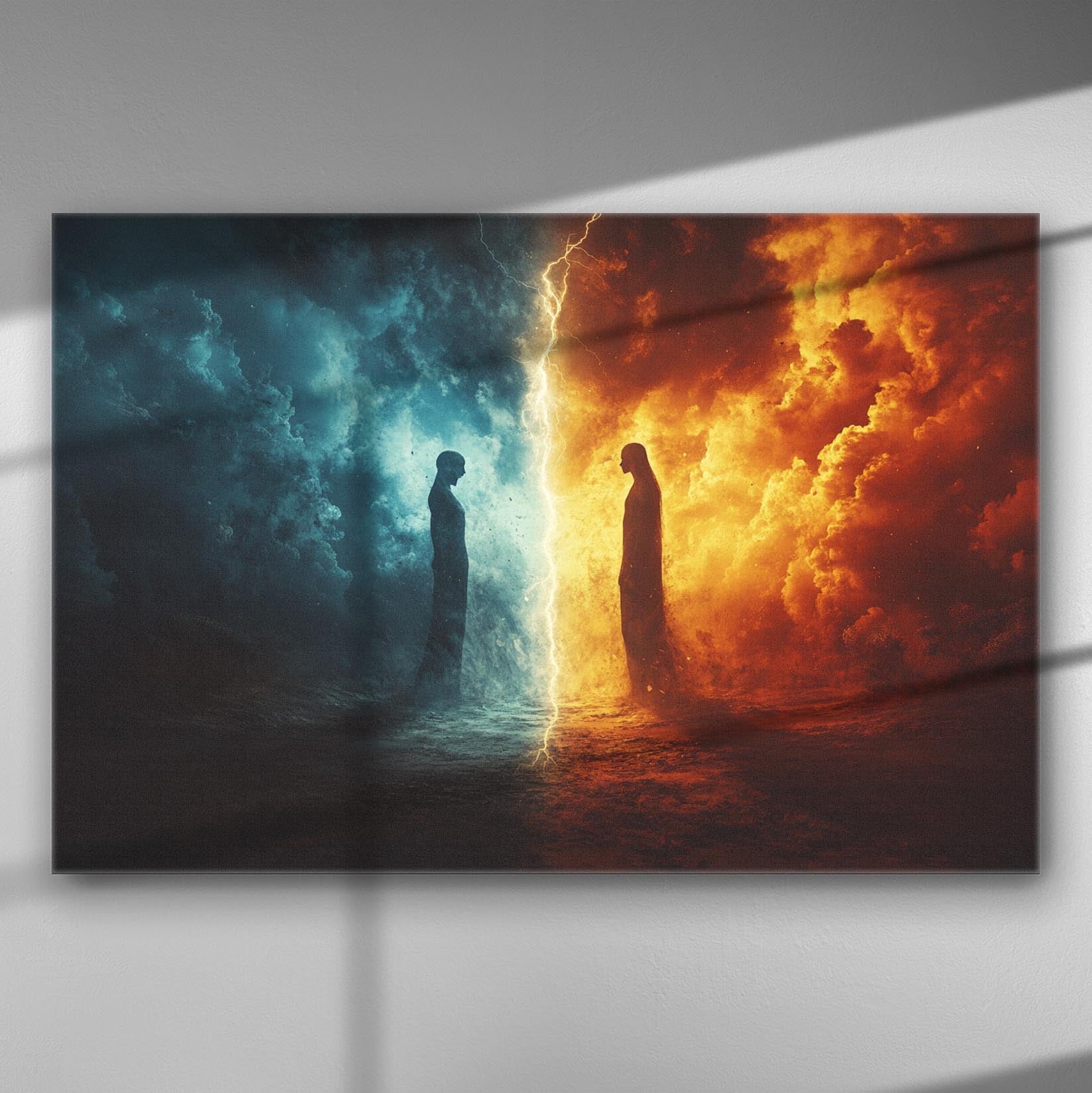 Two opposing figures separated by a lightning bolt, symbolizing elements in contrast on a canvas print.