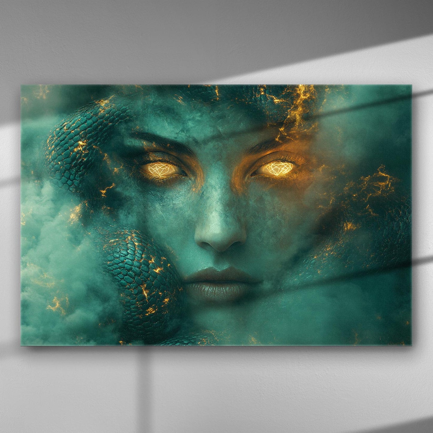A mystical artwork on canvas featuring a face with glowing eyes surrounded by snakes.