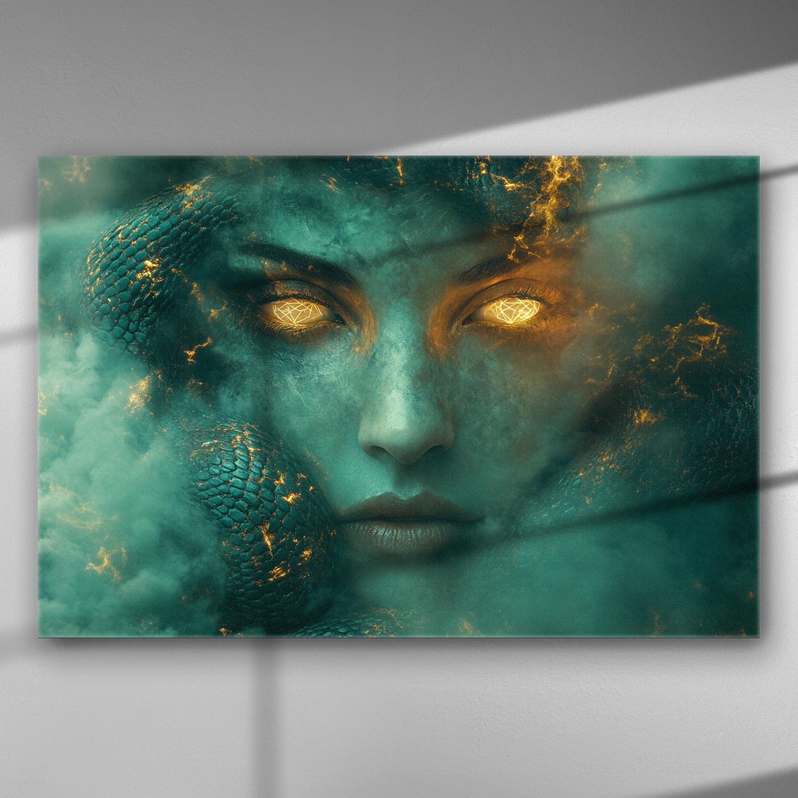 A mystical artwork on canvas featuring a face with glowing eyes surrounded by snakes.