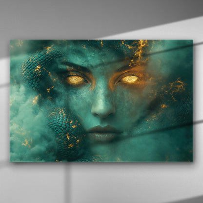 A mystical artwork on canvas featuring a face with glowing eyes surrounded by snakes.