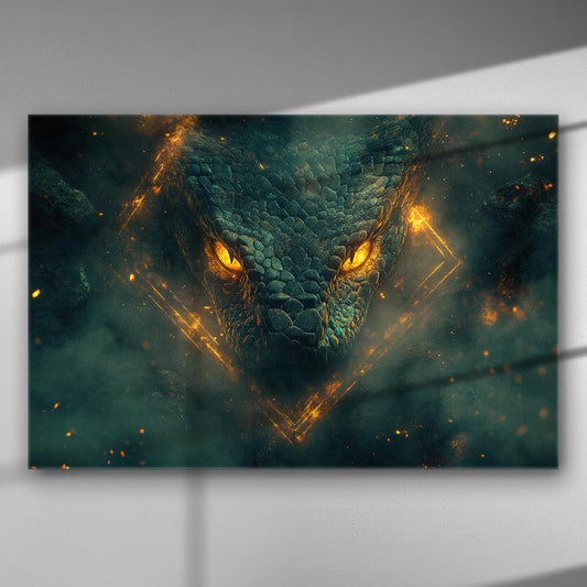 Dragon face emerging from darkness with fiery eyes, detailed scales, and golden accents on canvas print.