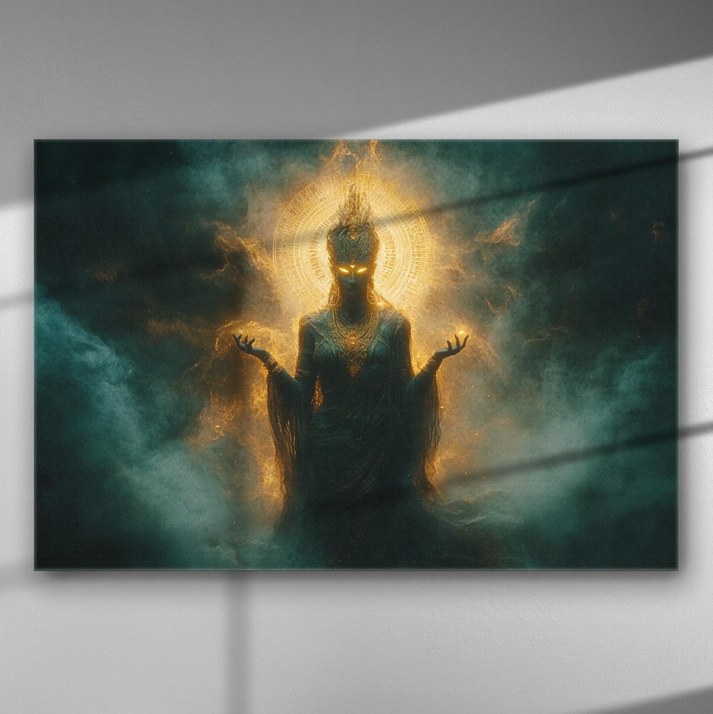 Ethereal figure in golden light surrounded by dark clouds