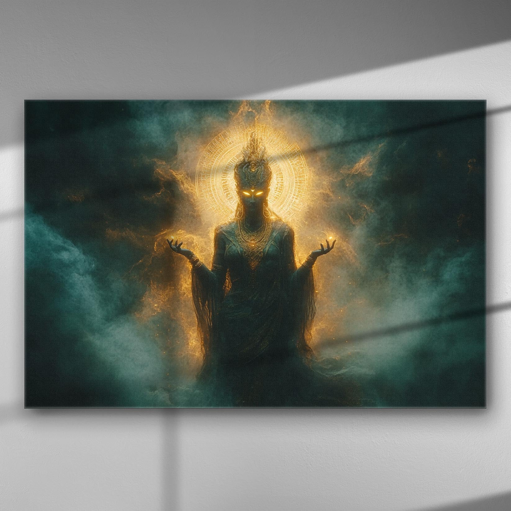 Ethereal figure in golden light surrounded by dark clouds