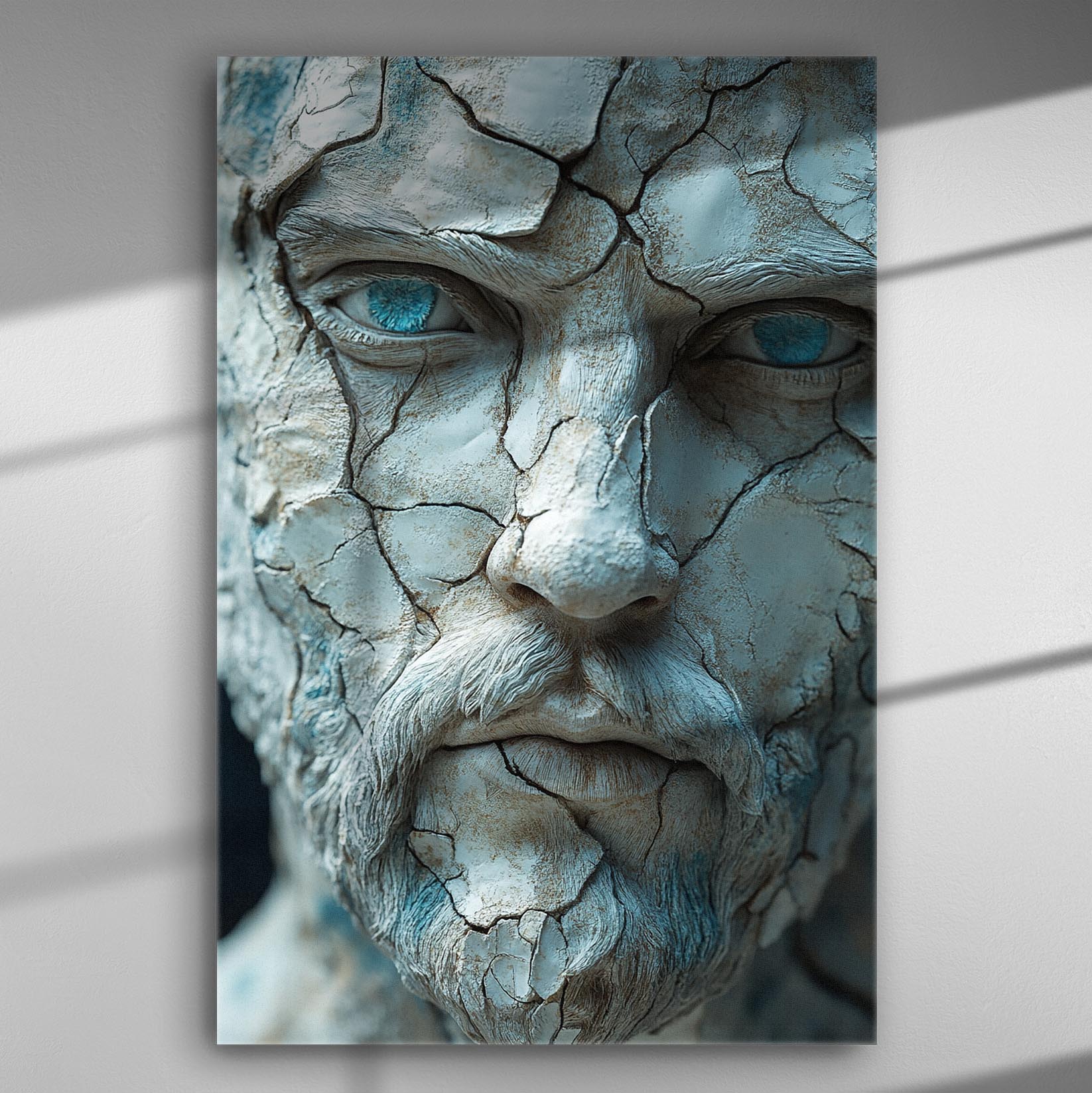 Close-up of a cracked ancient statue face with expressive blue eyes.