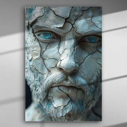 Close-up of a cracked ancient statue face with expressive blue eyes.