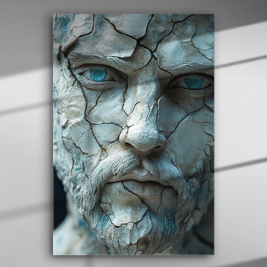 Close-up of a cracked ancient statue face with expressive blue eyes.