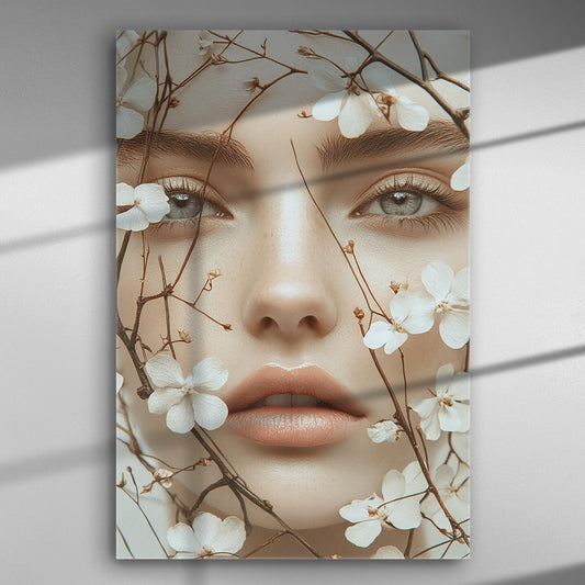 Close-up of a woman's face surrounded by delicate white flowers on a canvas print.