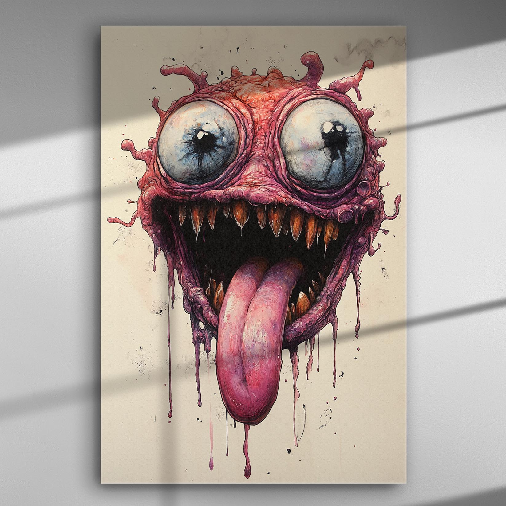 A surreal and whimsical monster with big eyes and a long tongue depicted on a canvas print in rich colors.