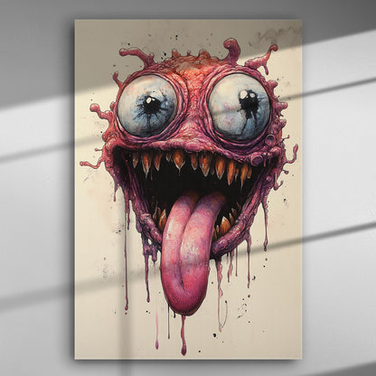 A surreal and whimsical monster with big eyes and a long tongue depicted on a canvas print in rich colors.