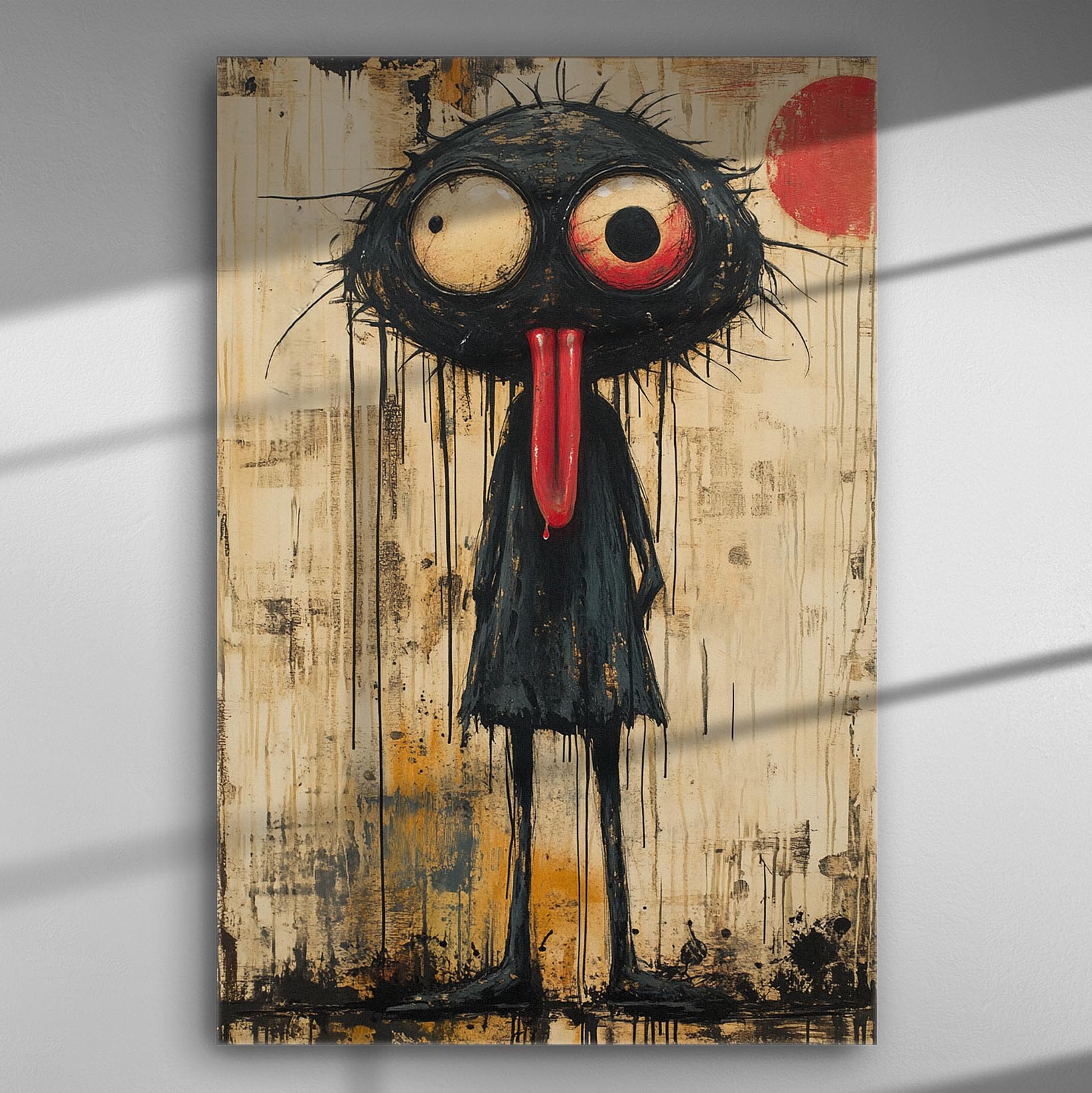 Abstract character with large eyes and red tongue on textured background canvas art.