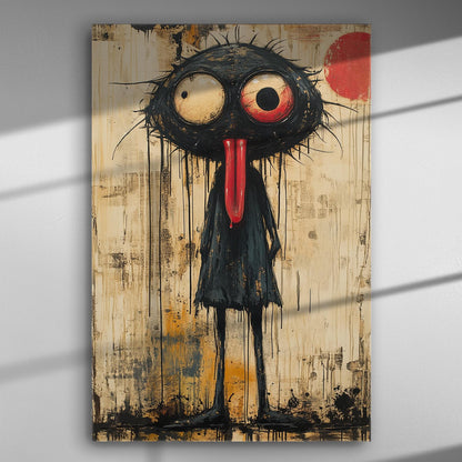 Abstract character with large eyes and red tongue on textured background canvas art.