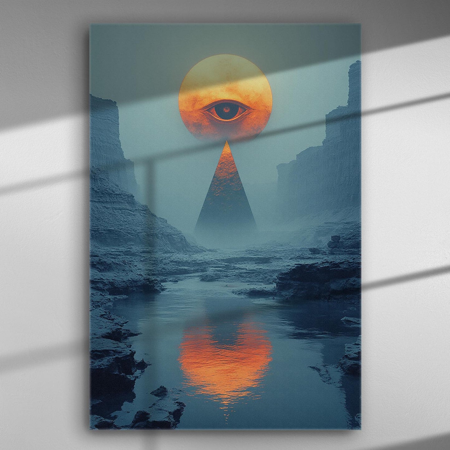 Abstract landscape with an orange eye in the sky reflecting on the water in a canyon setting.
