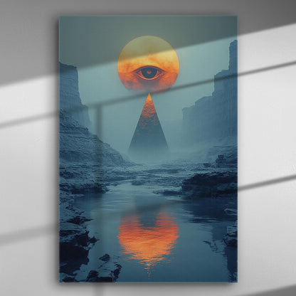 Abstract landscape with an orange eye in the sky reflecting on the water in a canyon setting.
