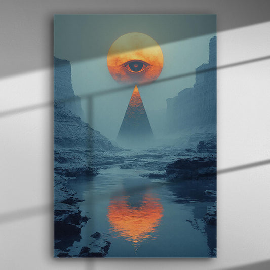 Abstract landscape with an orange eye in the sky reflecting on the water in a canyon setting.