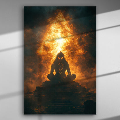 A silhouette of a meditative figure in front of a fiery triangle, with orange and black hues.