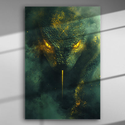 Dark mysterious figure with glowing yellow eyes on canvas print.