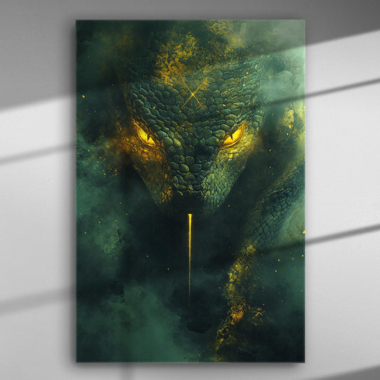 Dark mysterious figure with glowing yellow eyes on canvas print.