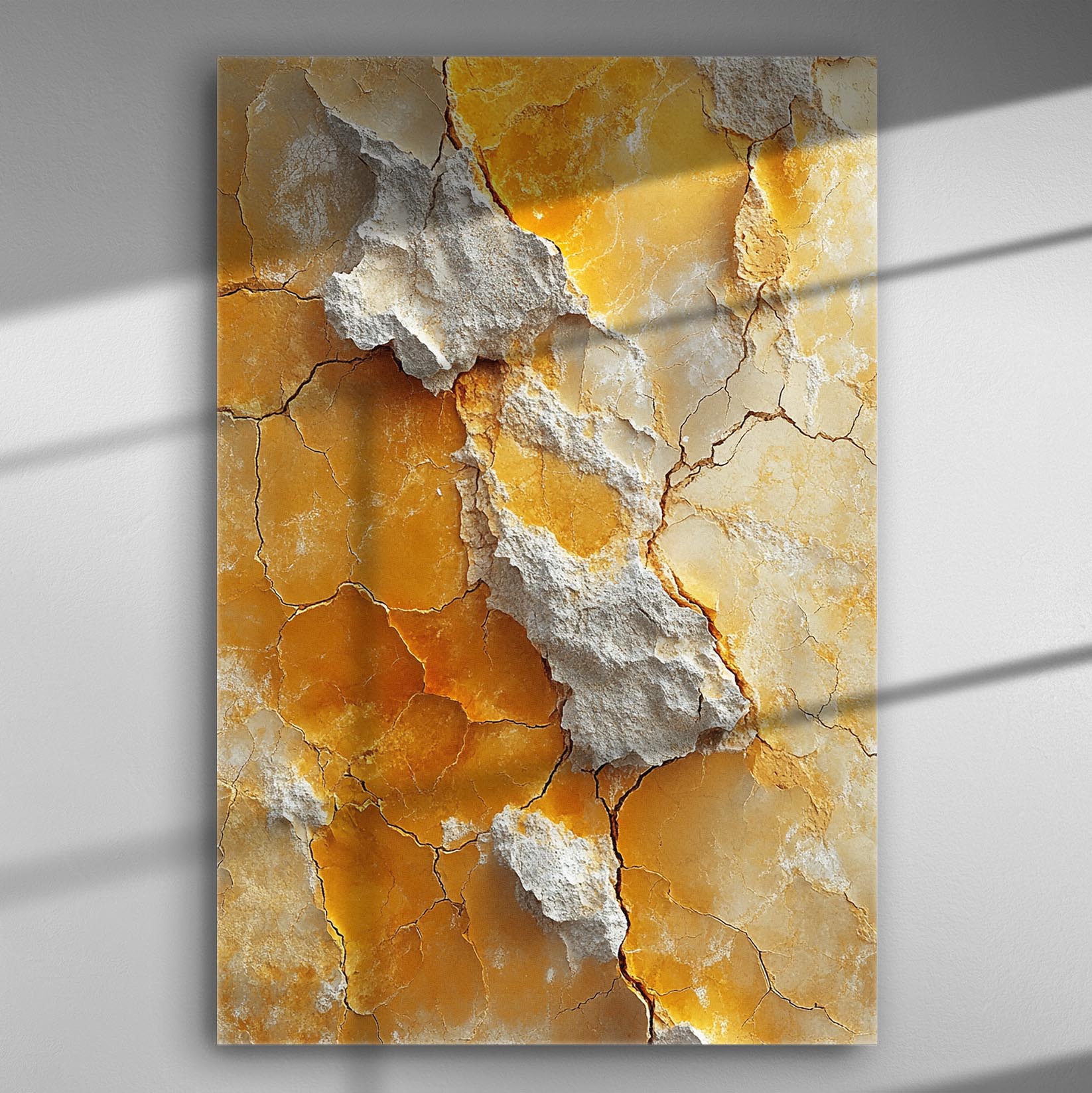 Textured canvas print with orange and white geological patterns.