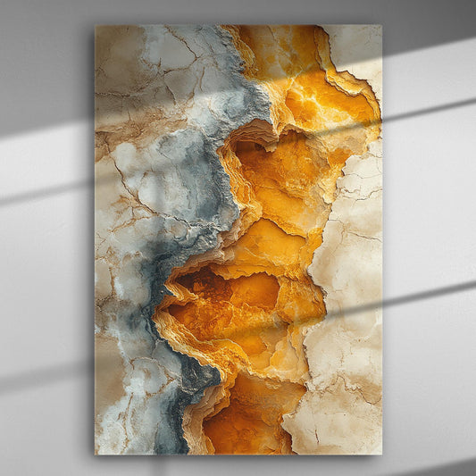 Abstract geological layers with orange and gray hues on a canvas print.