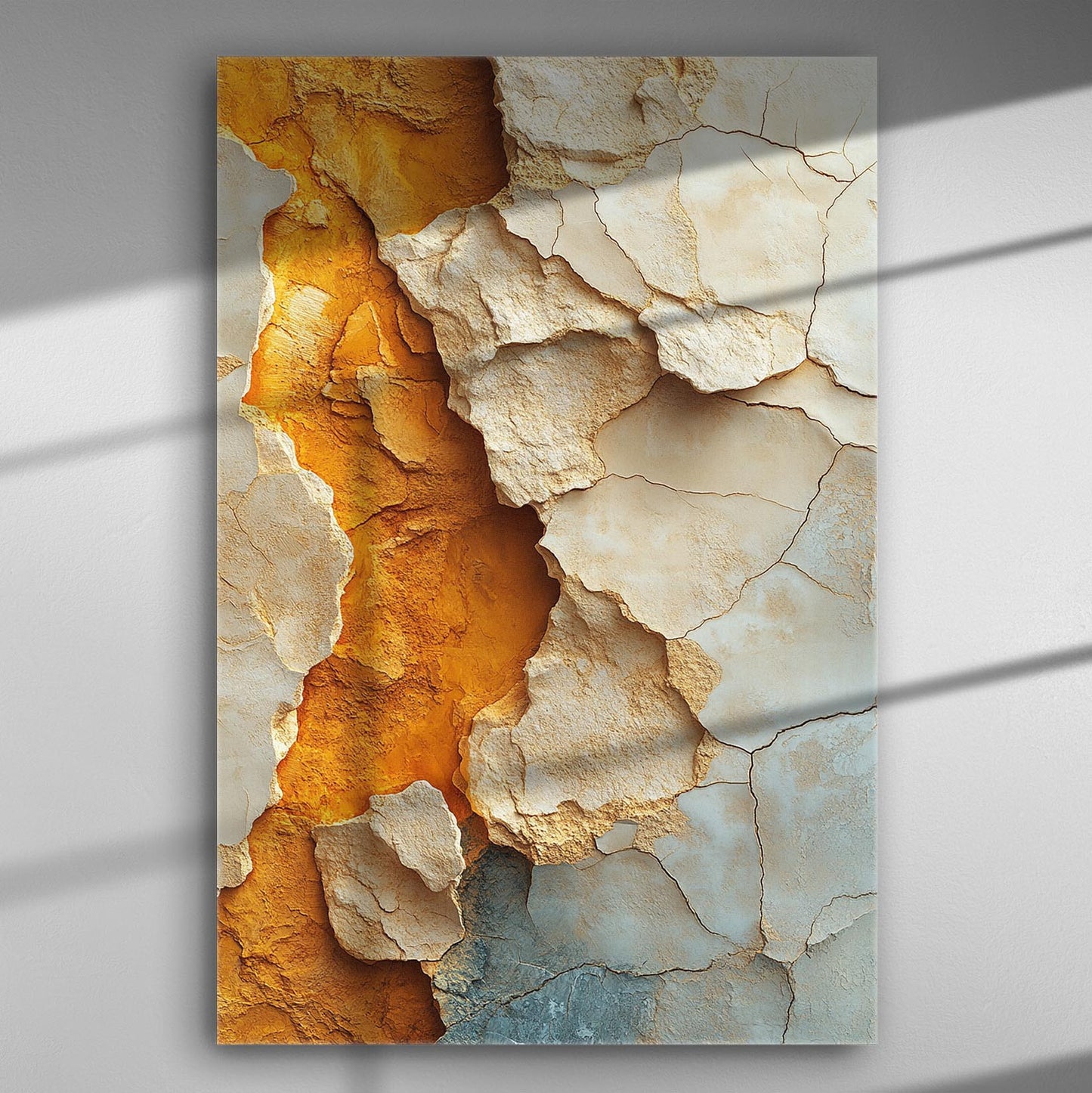 Abstract cracked surface with ochre and gray tones on canvas.