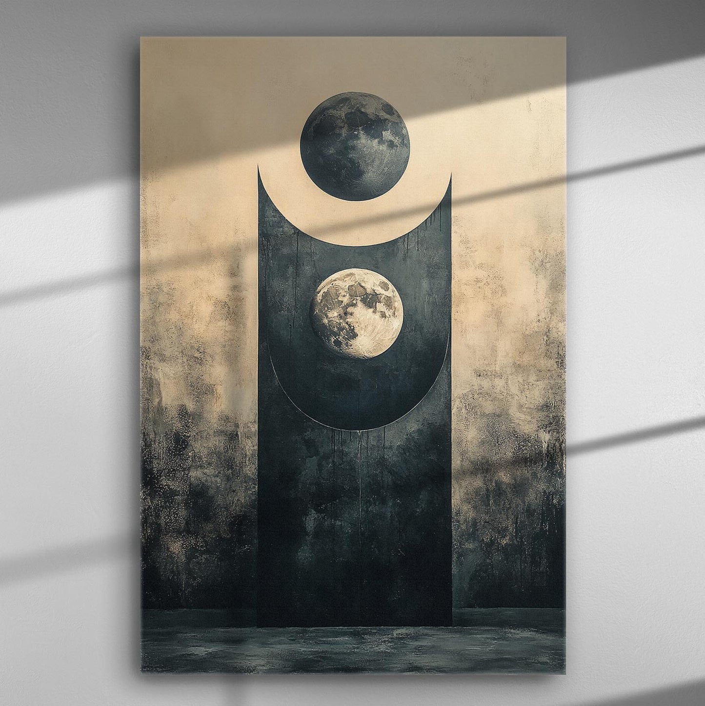 Abstract art with geometric shapes and moon elements on a canvas.