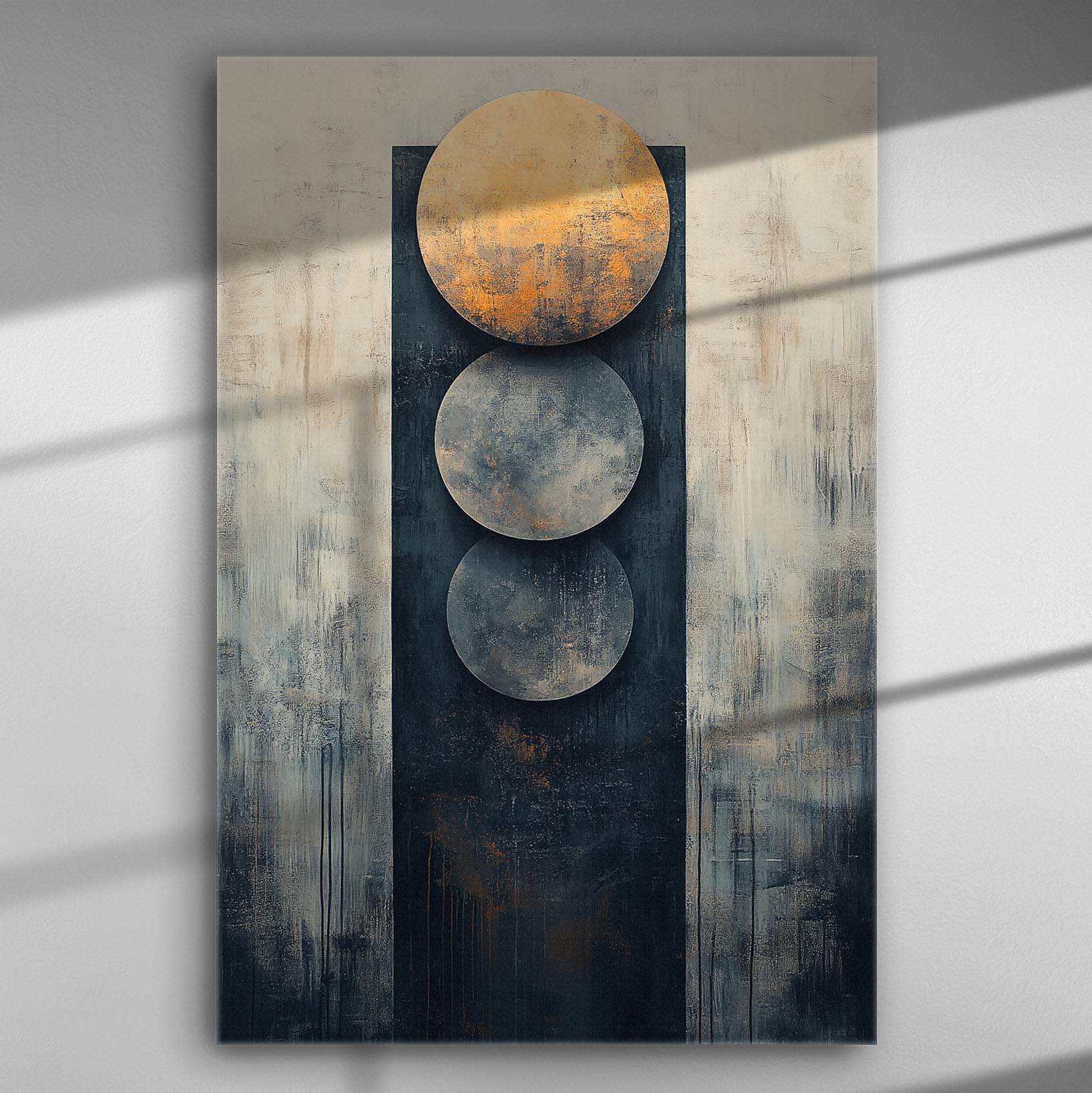 Abstract geometric artwork with three circles on a textured canvas in blue and gold tones