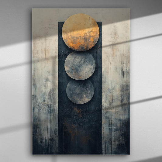 Abstract geometric artwork with three circles on a textured canvas in blue and gold tones