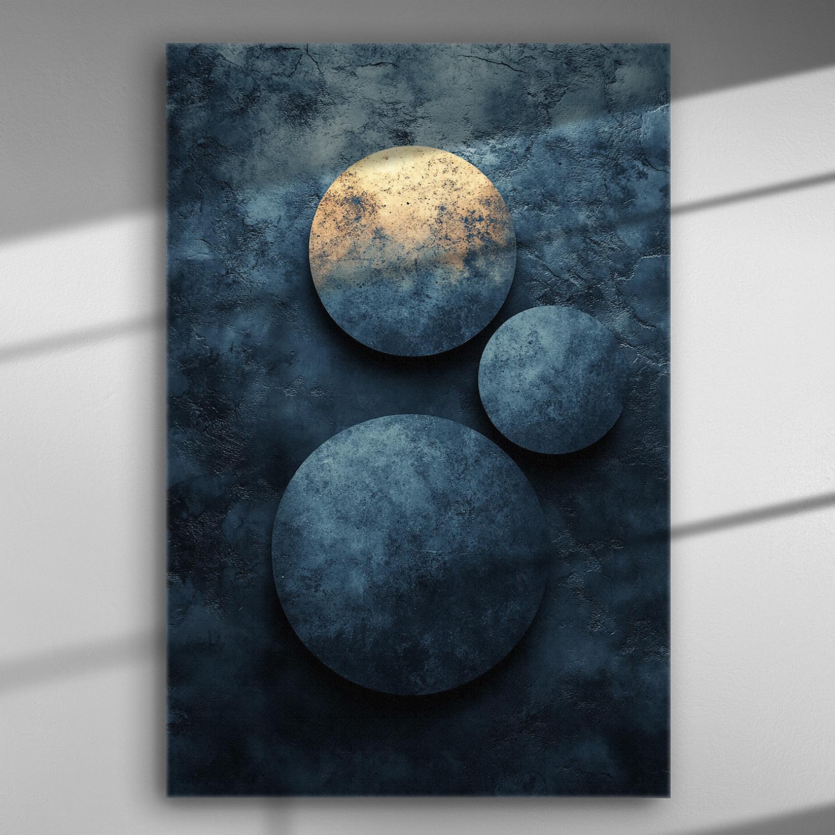 Abstract canvas art with three celestial circles on a textured dark blue background, creating a cosmic harmony effect.