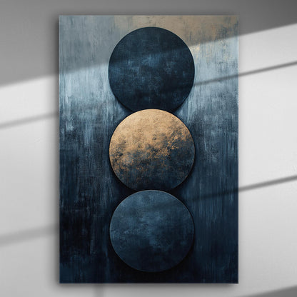 Abstract art canvas featuring three geometric circles in blue and golden hues.