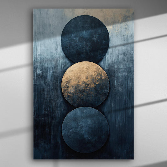 Abstract art canvas featuring three geometric circles in blue and golden hues.