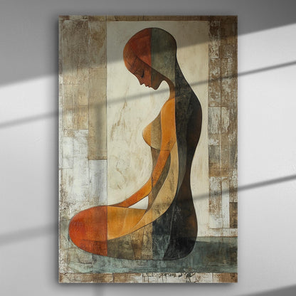 Abstract silhouette of a woman in warm orange and brown tones on canvas