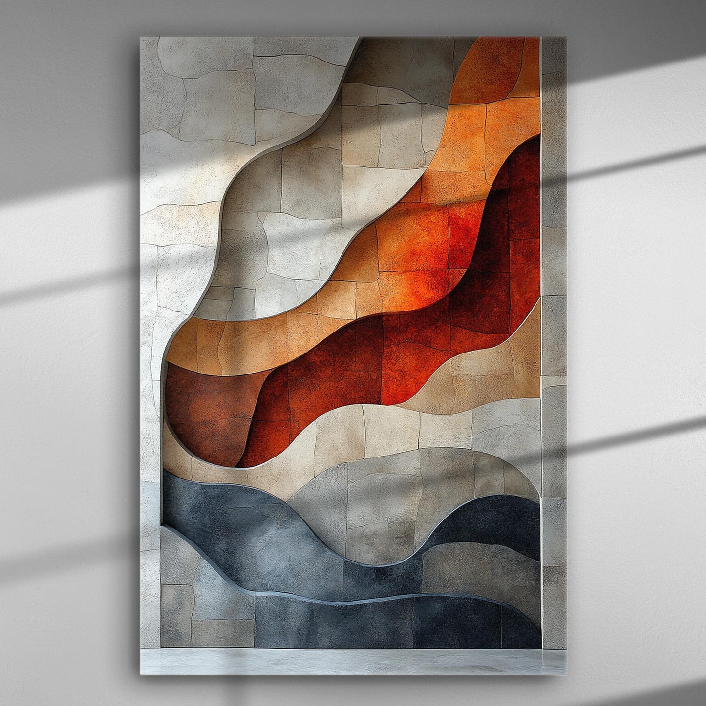 Abstract canvas art with wavy lines in red, orange, beige, and gray hues.