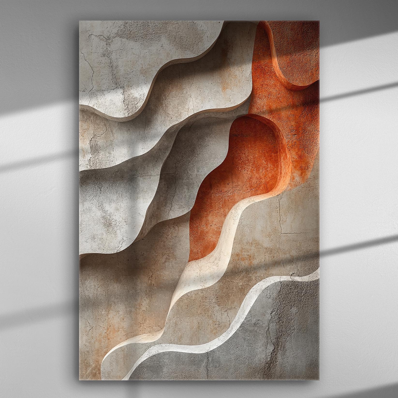 Abstract canvas print with dynamic waves in grey and warm orange tones.